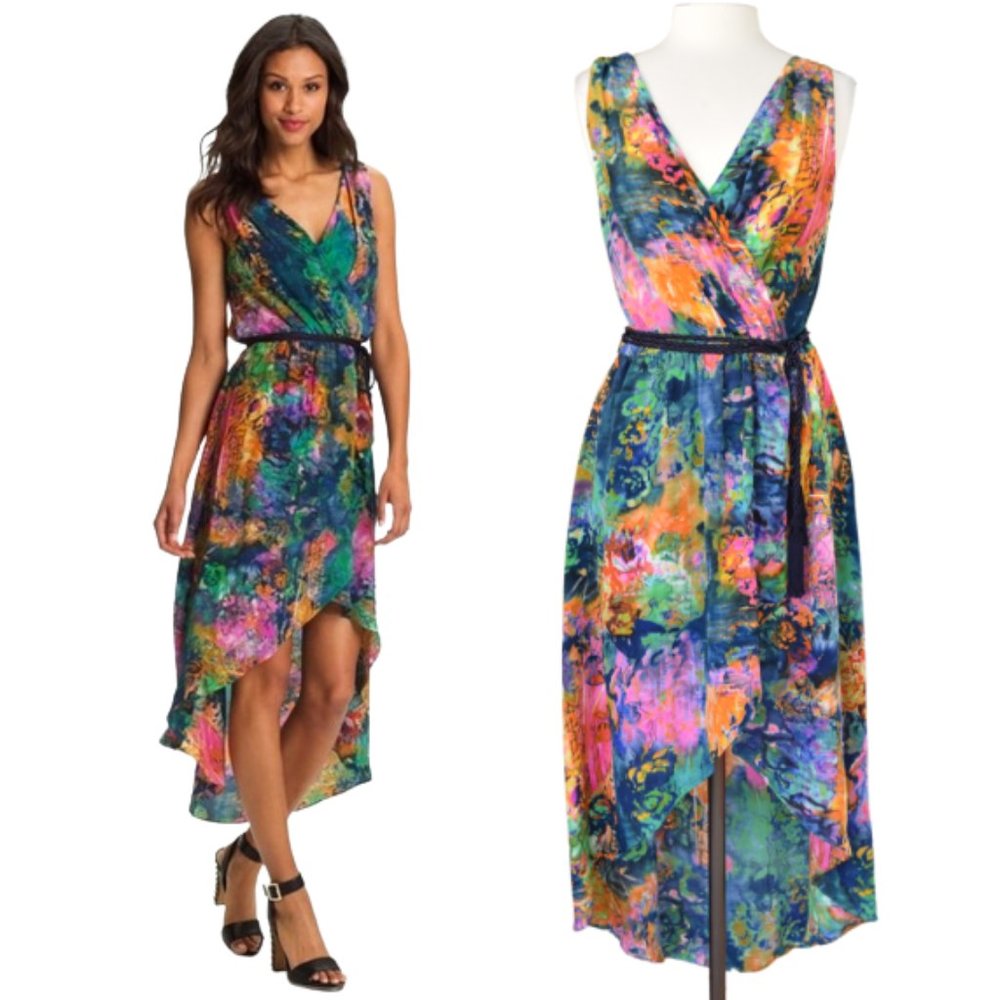 Suzi Chin Maggie Boutique Silk Watercolor Sleeveless High Low Faux Wrap …